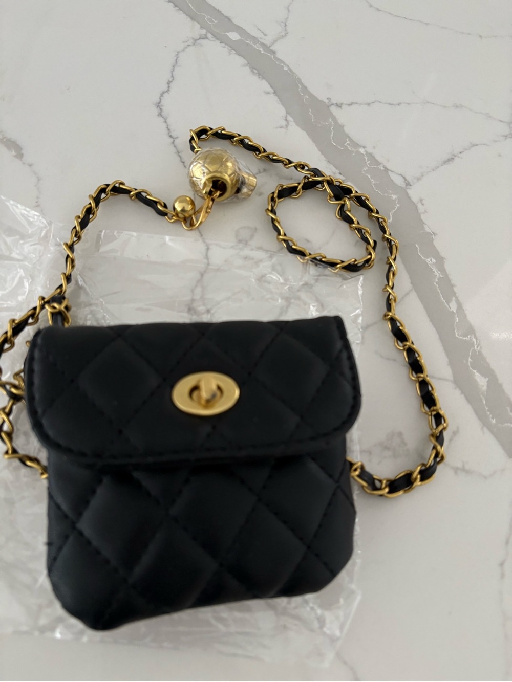 Black Quilted Chain Crossbody Bag with Gold Hardware